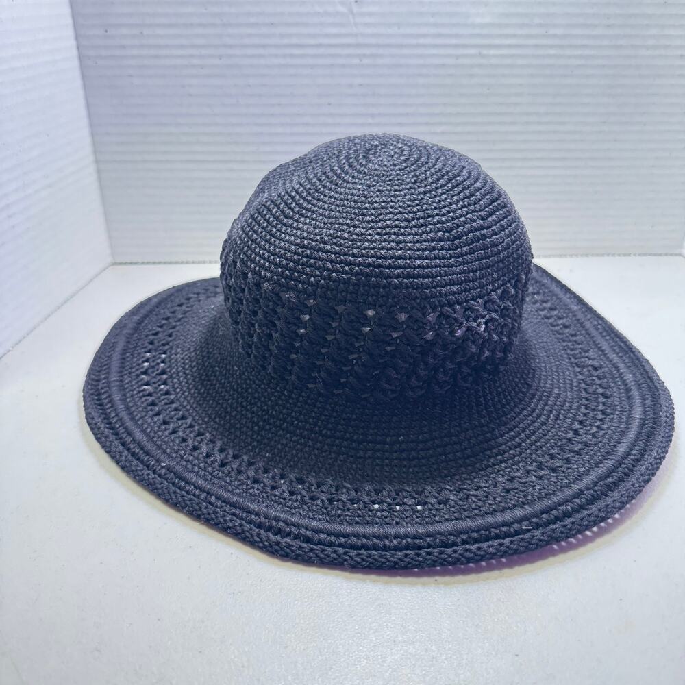 Boho Silver Wave black crocheted looking sun hat moldable wide brim cotton blend